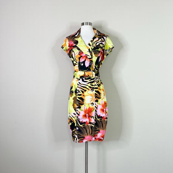 Cache | 90s Vintage Tropical Animal Print Double Breasted Belted Sheath Dress 8 - Picture 2 of 10